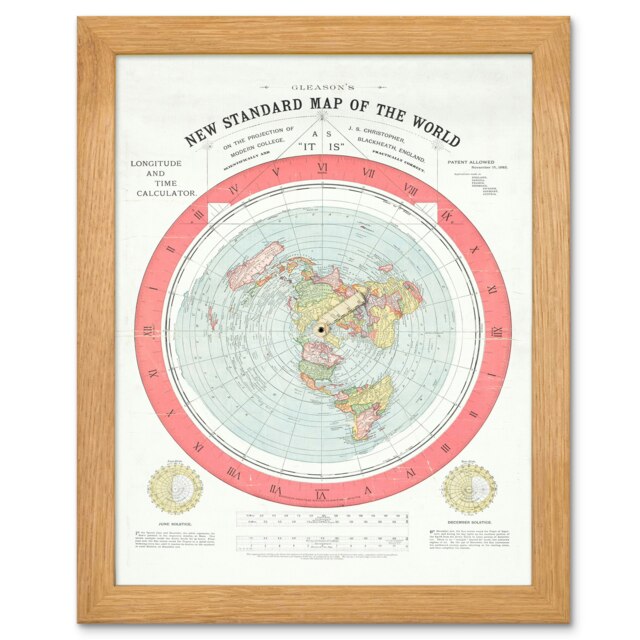 Gleason 1892 World Time Calculator Flat Earth Map Wood Framed Wall Art Print