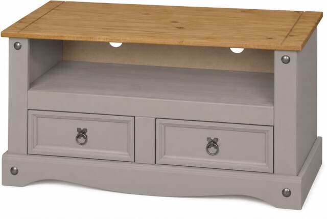 Corona TV Stand 2 Drawer Grey Television Cabinet Solid Wood Pine Unit