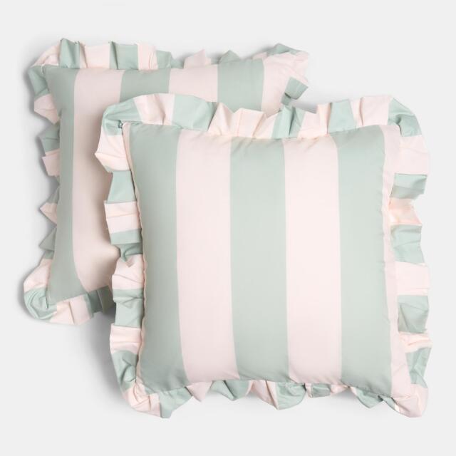 OHS 2 x Stripe Garden Cushion Covers Outdoor Water Resistant Multi Sage/Cream