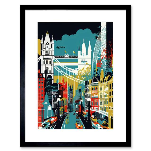 "London Iconic Landmarks Modern Abstract City 9x7"" Black Framed Wall Art Print"
