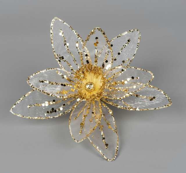 Deluxe Christmas Glitter Poinsettia White Gold Net Artificial Flowers with Metal Clips Tree Decorations,6pcs,16cm