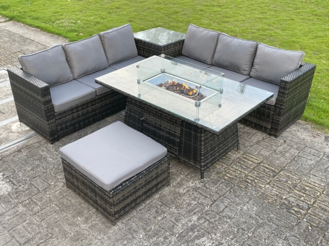 Fimous Outdoor PE Rattan Garden Corner Furniture Gas Fire Pit Table Sets Gas Heater Lounge Big Footstool Dark Grey 7 Seater