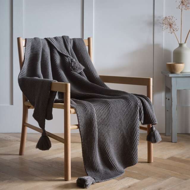 Copenhagen Grey Knitted Tassels Throwover Bed Throw Blanket 127 x 152cm Grey