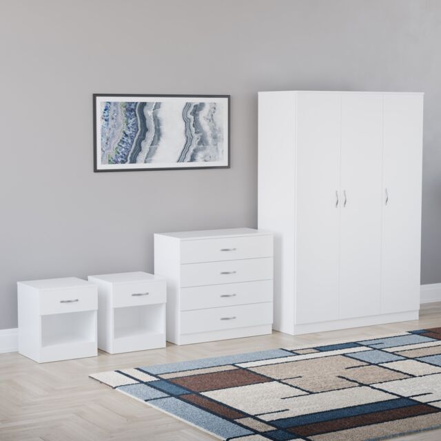 Vida Designs Riano 4 Piece Bedroom Set (1 Drawer Bedside Chest, 4 Drawer Chest, 3 Door Wardrobe), White (6)