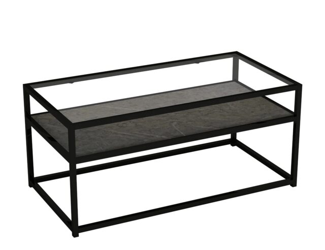 Glass Display Top Coffee Table with Steel Frame Reversible Wooden Storage Shelf Black Black Stone