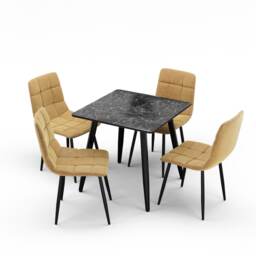 5-Piece Dining Set - 80cm Square Sintered Stone Table and 4 Velvet Chairs with Metal Legs Black Black & Yellow 1