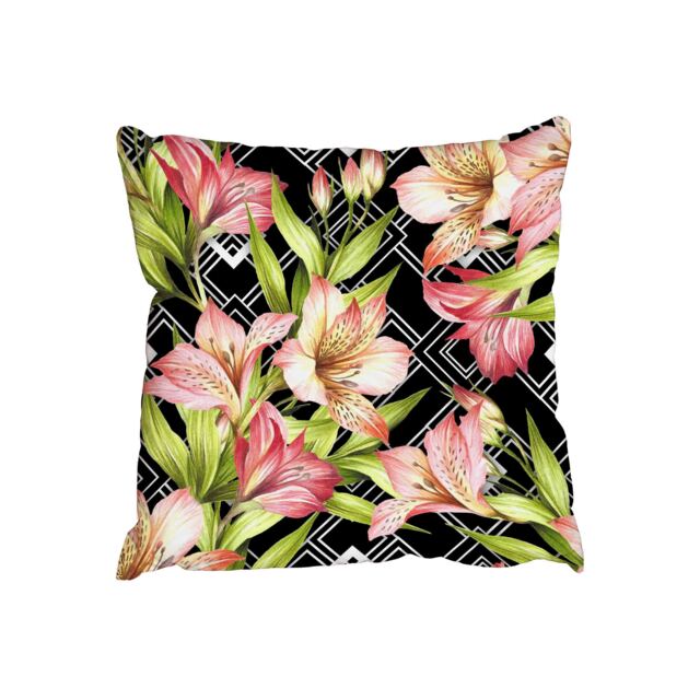 Alstroemeria flowers on abstract white black geometric background (Outdoor Cushion)