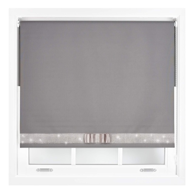 FURNISHED Blackout Roller Blinds with Diamante Trim and Bow Cut to Size Grey Dark Grey (W) 90cm x (L) 210cm