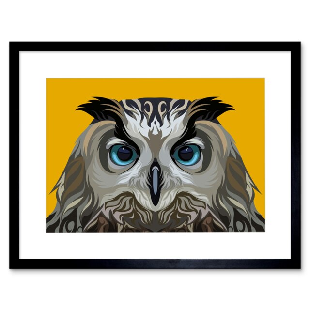 "Eagle Owl Bird Animal Lover Orange Design 9x7"" Black Framed Wall Art Print"