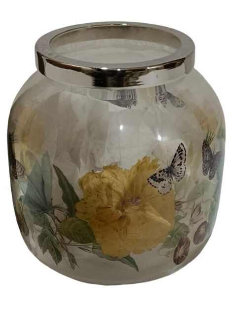 Flower Vase with Metal Rim - Glass - L7 x W7 x H13 cm Multi