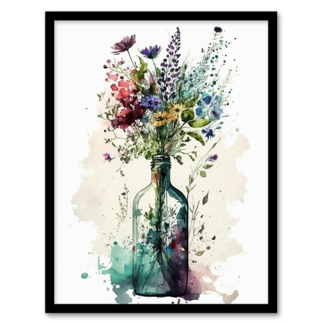 Elegant Wildflower Bouquet Glass Bottle Vase Black Framed Wall Art Print A4