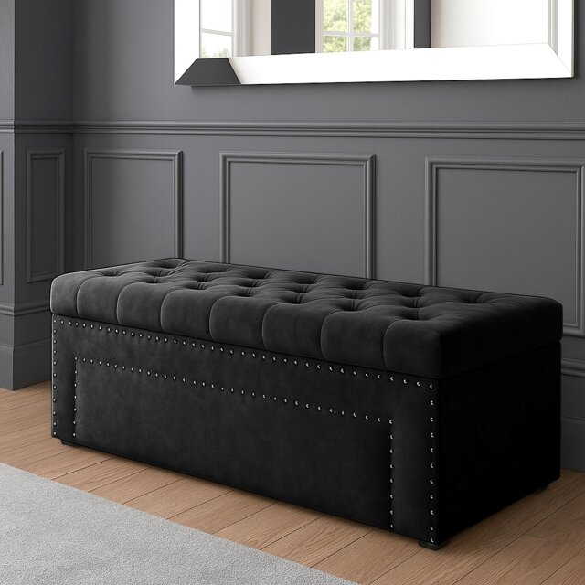 120cm Duke Ottoman Storage Box -Upholstered Blanket Box - Black Plush Velvet Multifunctional Storage Box
