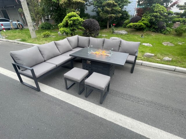 Fimous Aluminum Outdoor Garden Furniture Corner Sofa Gas Fire Pit Dining Table Sets 2 PC Stools Gas Heater Burner Dark Grey 9 Seater
