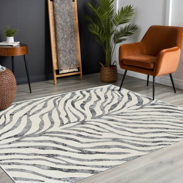 LIVABLISS City-Animal Print Boho Zebra Pattern Rug 200 x 275 cm Grey Beige Black