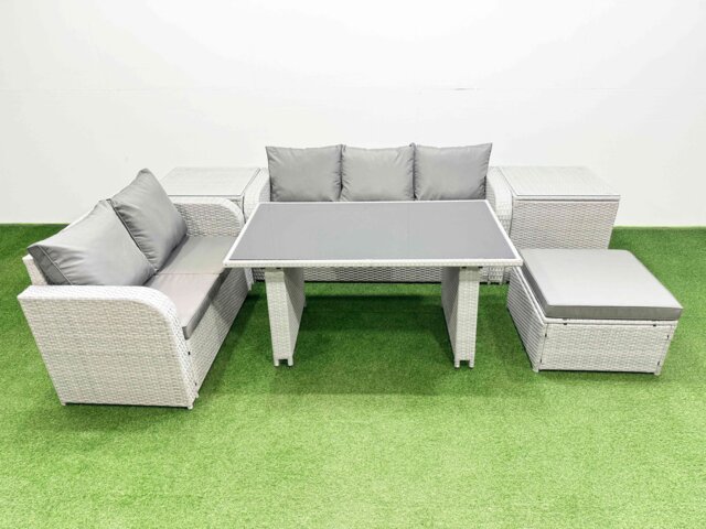 Fimous Garden Furniture Set PE Ratten Garden Sofa Set with Rectangular Dining Table Big Stool 2 Side Tables Light Grey