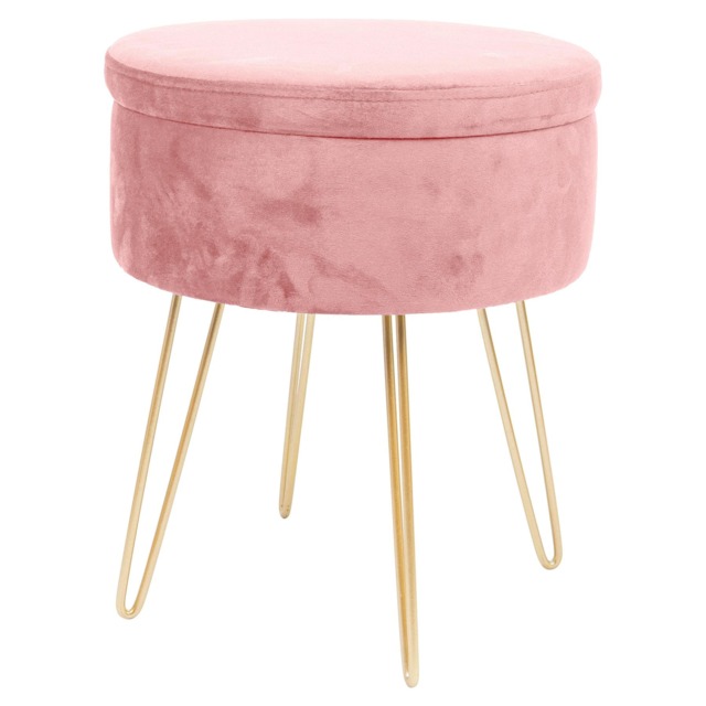 Harbour Housewares Velvet Storage Footstool - Round Modern Dressing Table Footstool Vanity Seat Chair - 45 x 36cm - Pink/Gold Pink Pink/Gold Pack of 1 1
