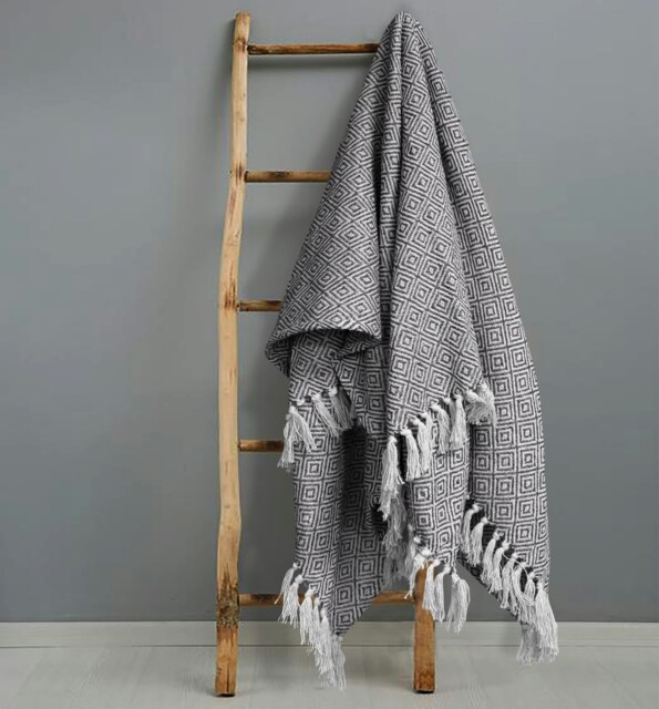 Velosso Luxury Jacquard Diamond Cotton Tassel Throw - 228cm x 254cm Grey