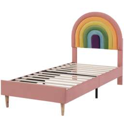 Abrihome Upholstered Single Bed with Slatted Frame and Headboard, Youth Bed for Adults & Teenagers, Wooden Slat Support, Height-adjustable Headboard, Velvet, Pink