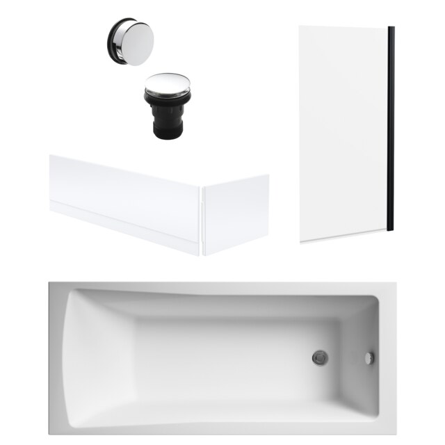 Square Single Ended Bath, Square Black Screen, Panels, Chrome Waste - 1700x700mm White