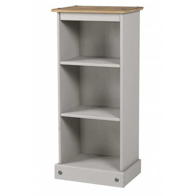 Mercers Furniture Corona Grey Wax Low Narrow Bookcase CD Open Storage Display Shelves Small Solid Wood Pine Wooden with Mexican Styling
