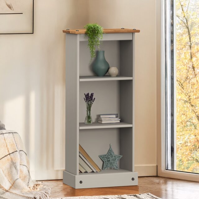 Mercers Furniture Corona Grey Wax Low Narrow Bookcase CD Open Storage Display Shelves Small Solid Wood Pine Wooden with Mexican Styling