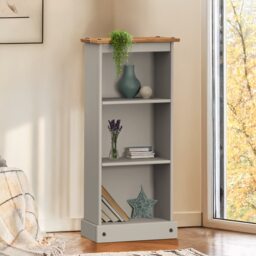 Mercers Furniture Corona Grey Wax Low Narrow Bookcase CD Open Storage Display Shelves Small Solid Wood Pine Wooden with Mexican Styling