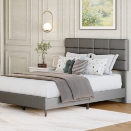 London Boutique Double Bed Frame Upholstered Platform with Adjustable Headboard, Grey/135 x 190 cm