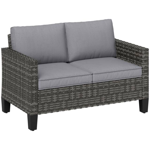 Outsunny Rattan Sofa with Cushions, 2 Seater Garden Furniture, Dark Grey Grey One Size