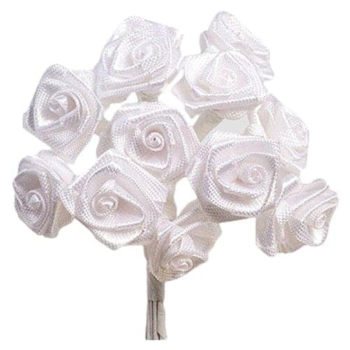 White Fabric Ribbon Roses - 12 Bunches of 12