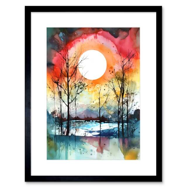 "Abstract Sunset Landscape Watercolour Countryside Lake 9x7"" Black Framed Wall Art Print"