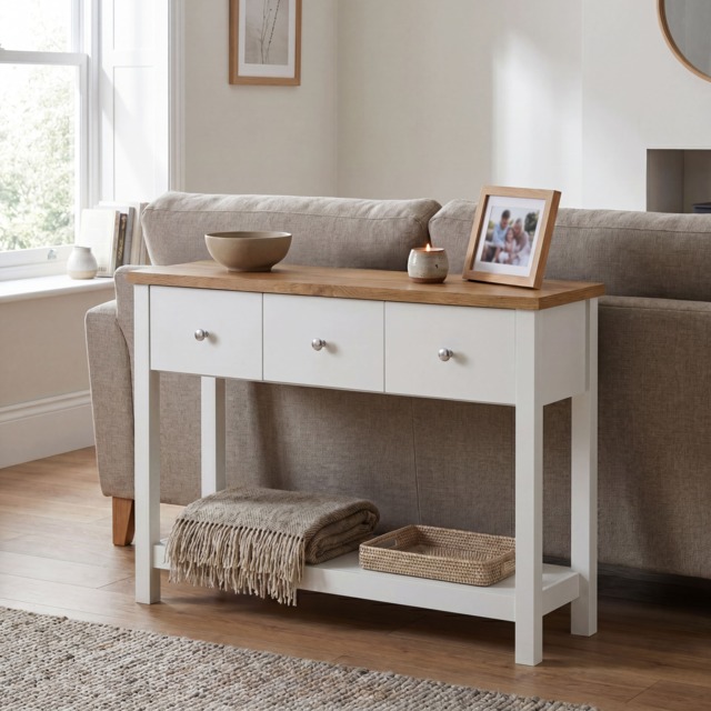 Vida Designs Arlington 3 Drawer Console Table With Shelf, White & Oak