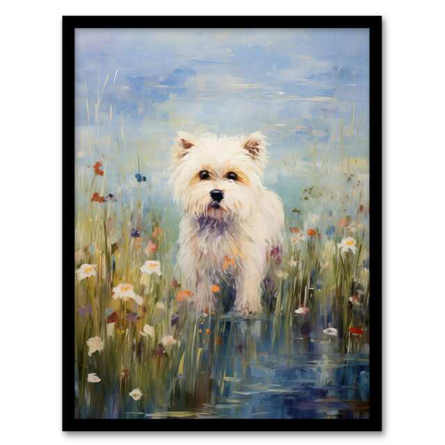 West Highland Terrier Claude Monet Style Dog Black Framed Wall Art Print A4