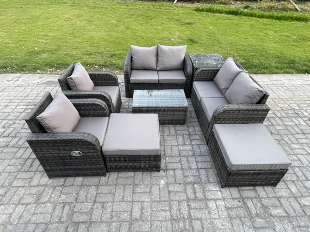 Fimous 8 Seater Rattan Garden Furniture Set Patio Outdoor Lounge Sofa Set with Rectangular Coffee Table 2 Big Footstool Love Sofa Side Table Dark Grey Mixed