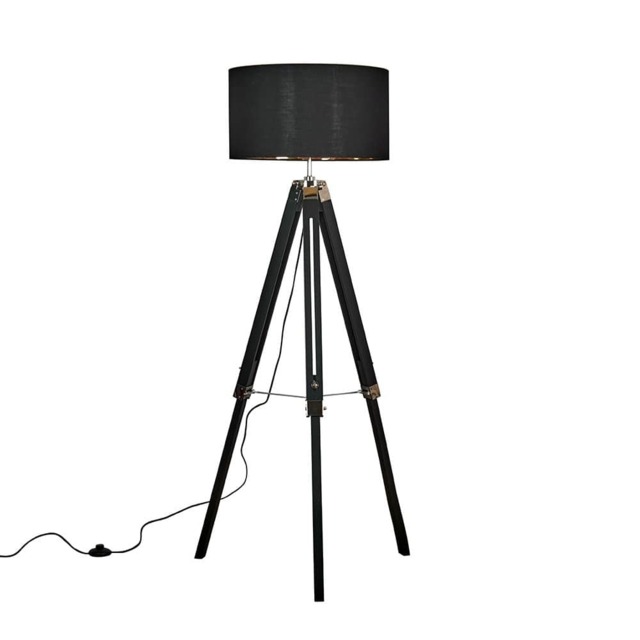 ValueLights Clipper Black Tripod Floor Lamp Black Gold Shade
