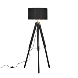 ValueLights Clipper Black Tripod Floor Lamp Black Gold Shade