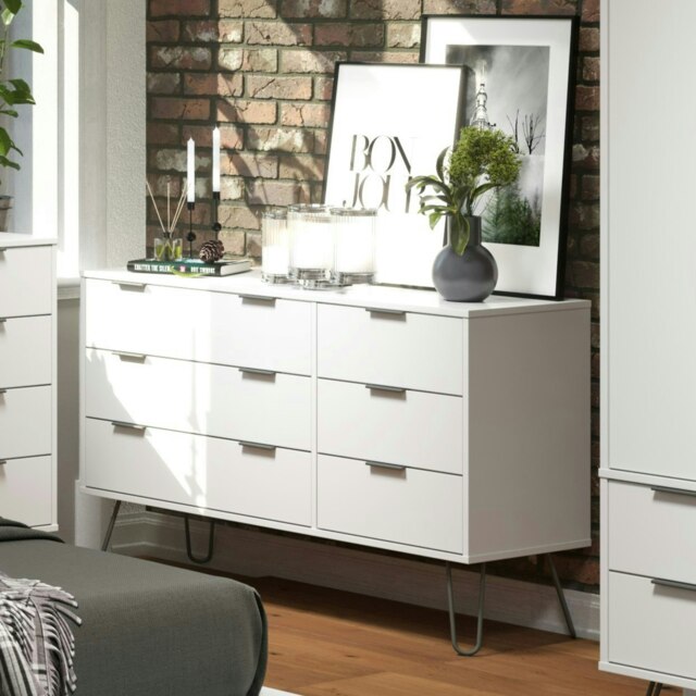 Augusta Pine 3+3 Drawer Wide Chest of Drawers - Industrial Style Bedroom Storage Cabinet White White 1