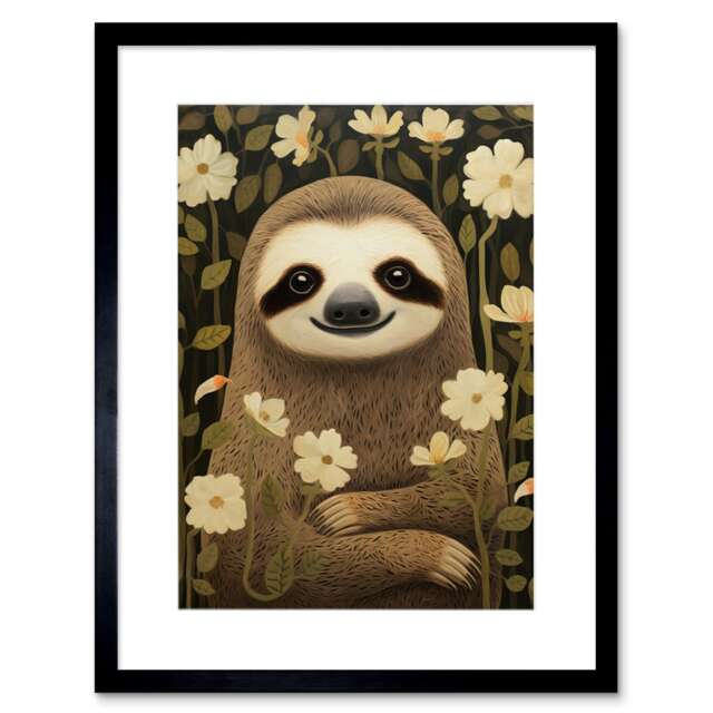 "Sloth Flowers Kids Bedroom Fun 9x7"" Black Framed Wall Art Print"