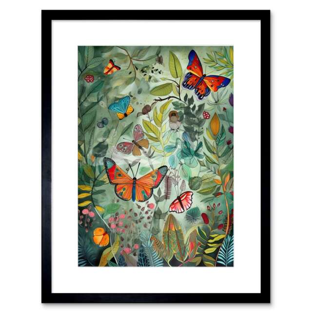 "Butterflies a Springfield Modern Folk Art 9x7"" Black Framed Wall Art Print"