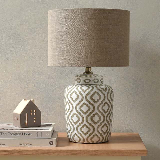 Celia Taupe And White Pattern Ceramic Table Lamp - Home Accessories - The Cotswold Company - image 1