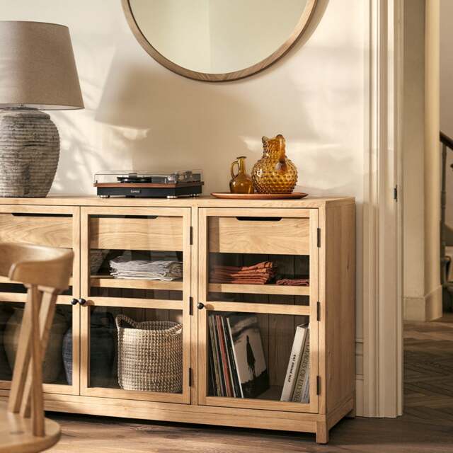 Glass Sideboard with Soft-Close Drawers & Toughened Glass Doors, Natural Oak, Hilcot - The Cotswold Company - image 1