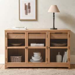 Glass Sideboard with Soft-Close Drawers & Toughened Glass Doors, Natural Oak, Hilcot - The Cotswold Company - thumbnail 5