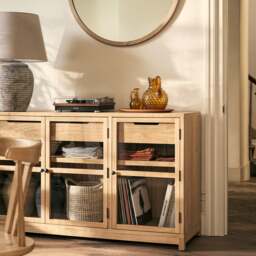 Glass Sideboard with Soft-Close Drawers & Toughened Glass Doors, Natural Oak, Hilcot - The Cotswold Company - thumbnail 1