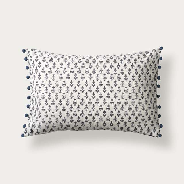Leaf Block Print Cushion With Pom Poms -  Indigo - Home Accessories - The Cotswold Company - image 1