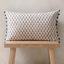 Leaf Block Print Cushion With Pom Poms -  Indigo - Home Accessories - The Cotswold Company - thumbnail 2