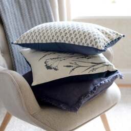 Leaf Block Print Cushion With Pom Poms -  Indigo - Home Accessories - The Cotswold Company - thumbnail 4