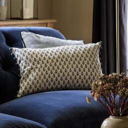 Leaf Block Print Cushion With Pom Poms -  Indigo - Home Accessories - The Cotswold Company - thumbnail 3
