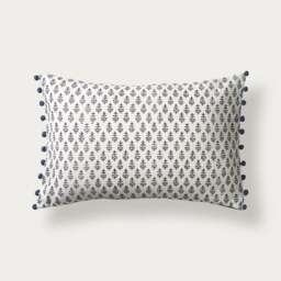 Leaf Block Print Cushion With Pom Poms -  Indigo - Home Accessories - The Cotswold Company