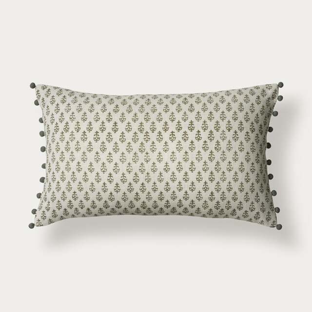 Leaf Block Print Cushion With Pom Poms -  Olive - Home Accessories - The Cotswold Company - image 1