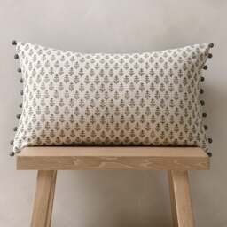Leaf Block Print Cushion With Pom Poms -  Olive - Home Accessories - The Cotswold Company - thumbnail 2