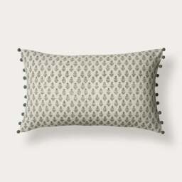 Leaf Block Print Cushion With Pom Poms -  Olive - Home Accessories - The Cotswold Company